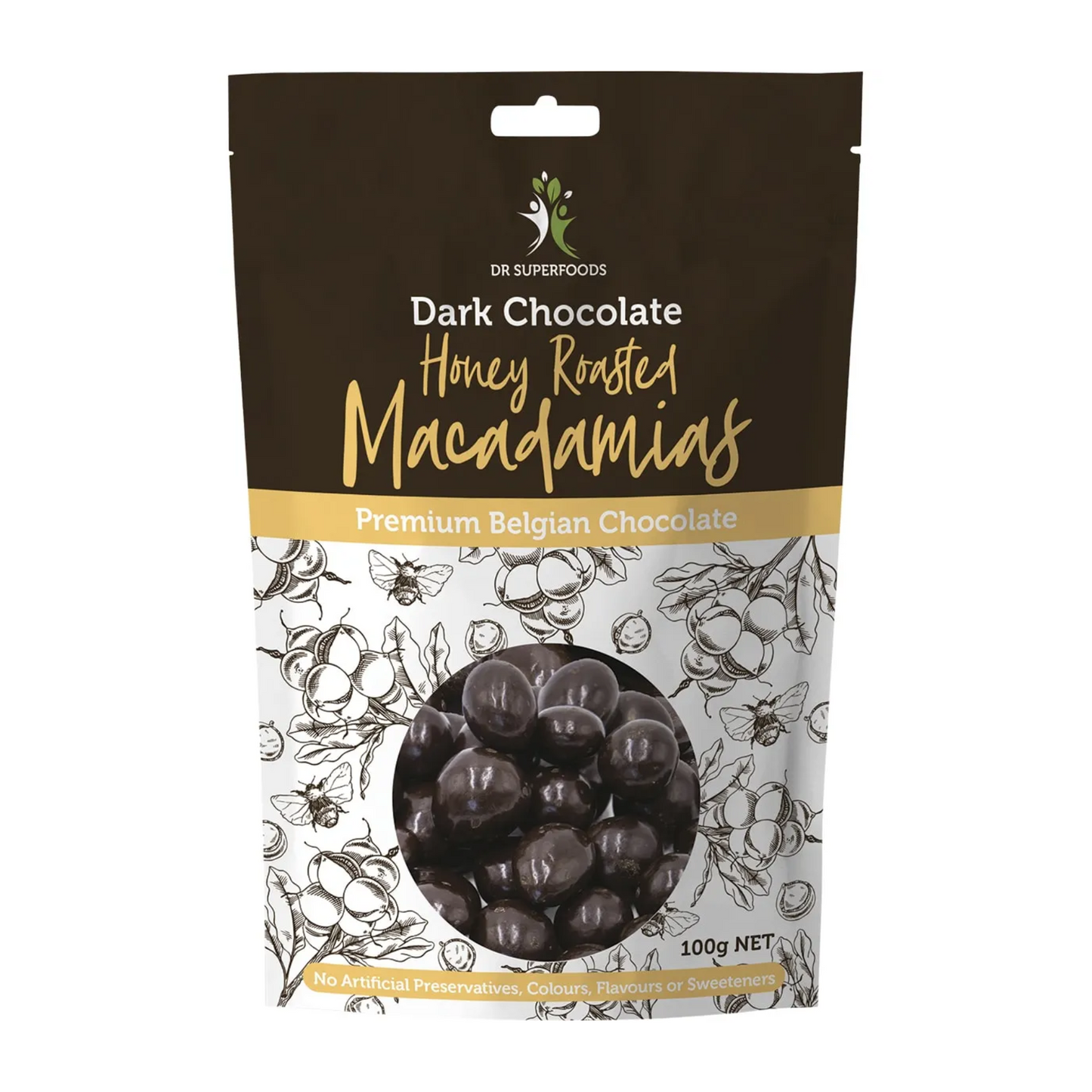 Dr Superfoods Honey Roasted Macadamias Dark Chocolate 100g, Premium Belgian Chocolate