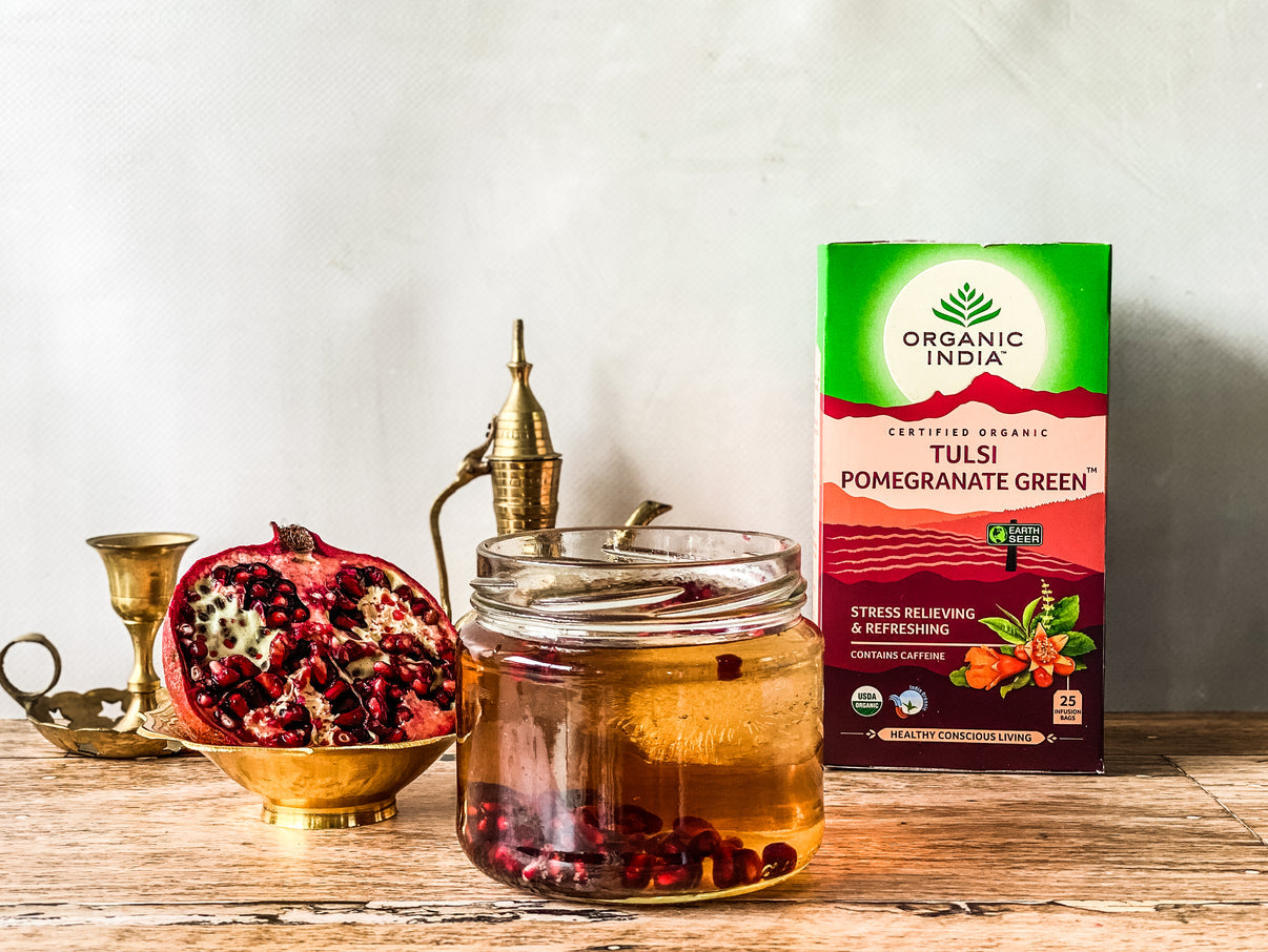 Organic India Wellness Tea Tulsi Pomegranate Green, 25 Herbal Tea Bags; Certified Organic