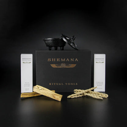 Shemana Ancient Incense Ritual Kit - Palo Santo, Tibetan Rope Incense, Iron Cauldron; Cleanse & Clear Your Space