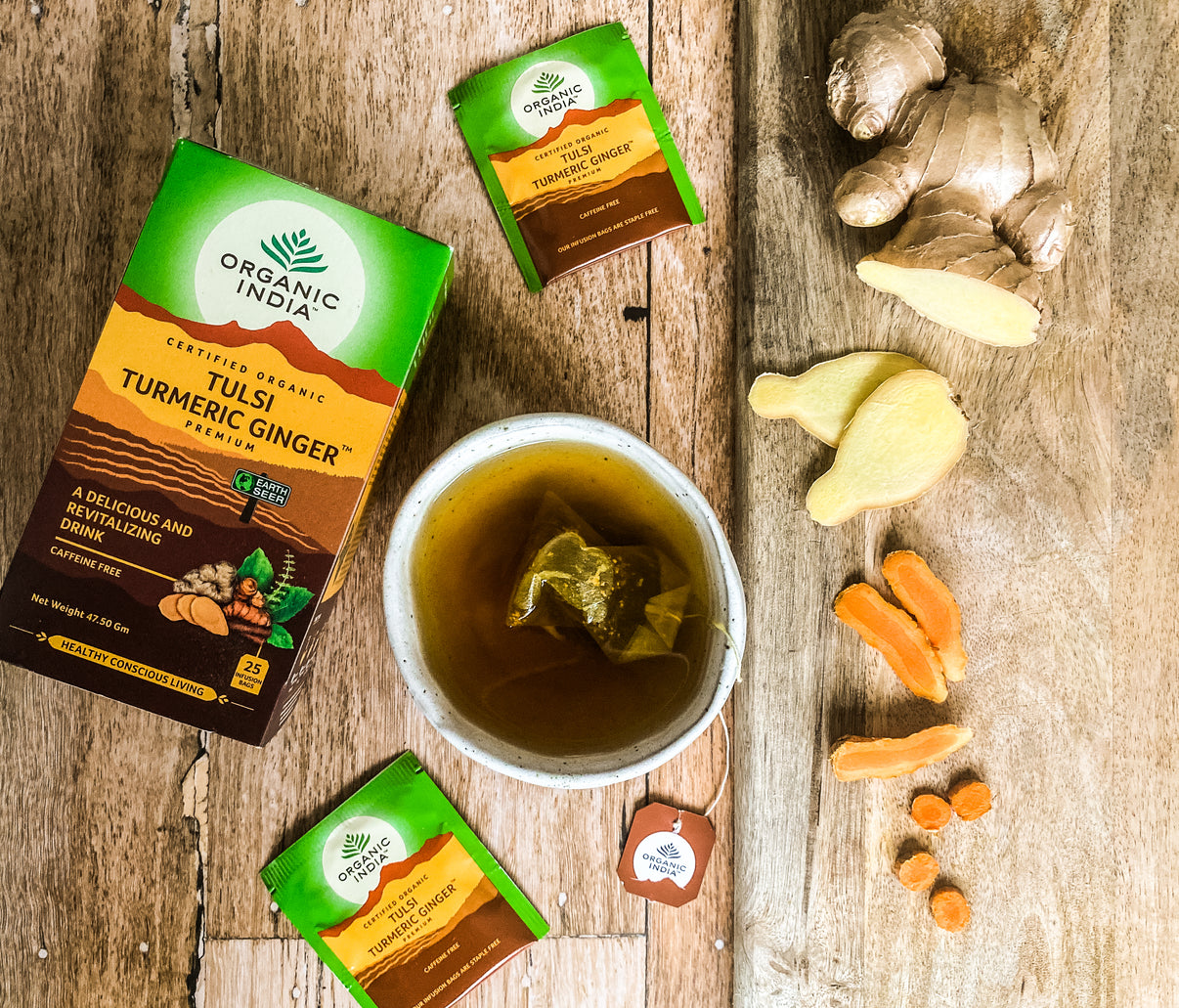 Organic India Wellness Tea Tulsi Turmeric Ginger, 25 Herbal Tea Bags; Certified Organic