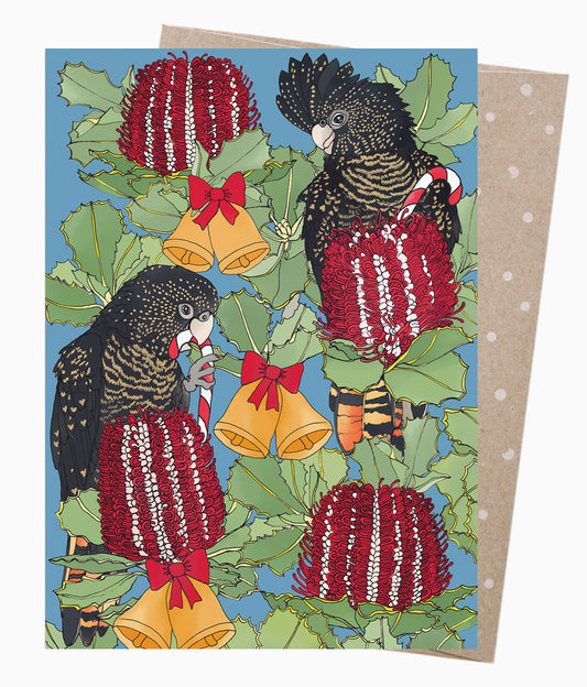 Earth Greetings Red Tails & Bells Christmas Card, Victoria McGrane Collection (Includes One Card & One Kraft Envelope)