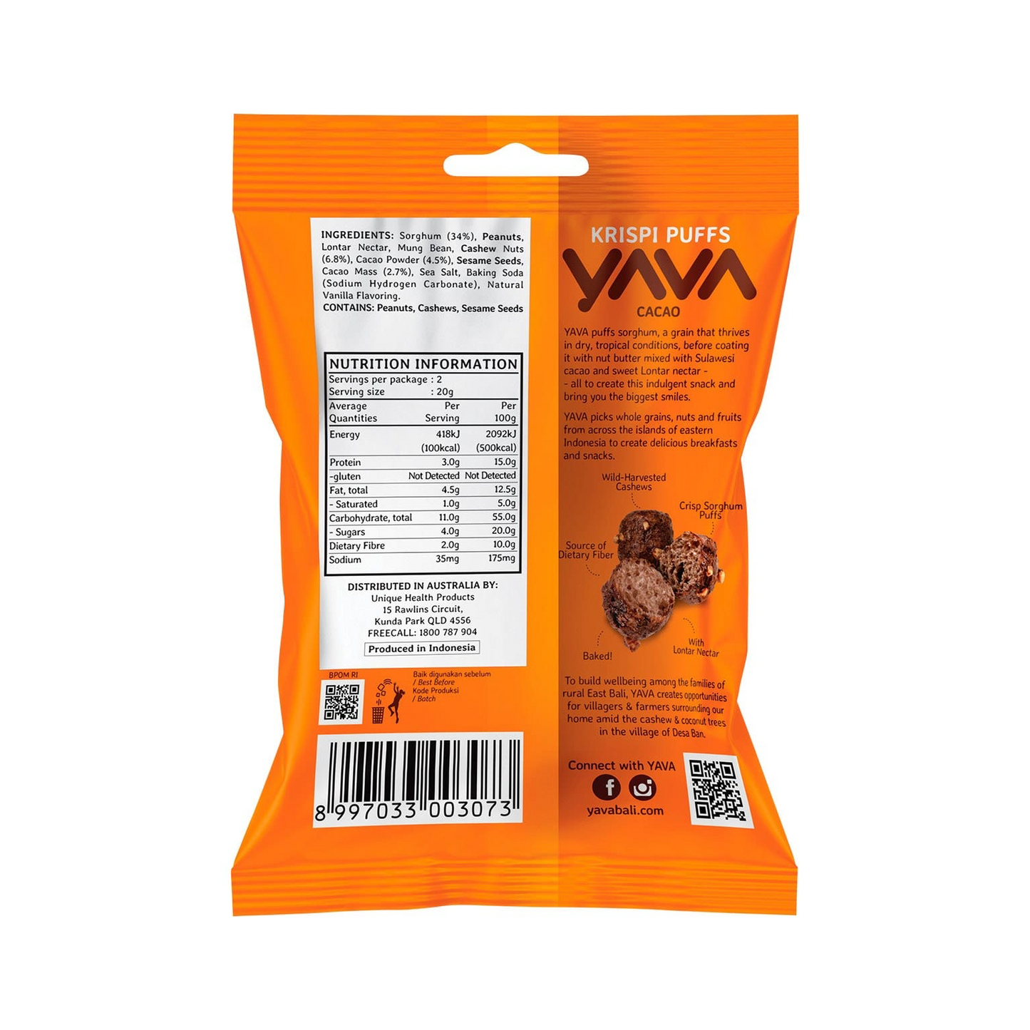 Yava Krispi Puffs 45g, Cacao Flavour