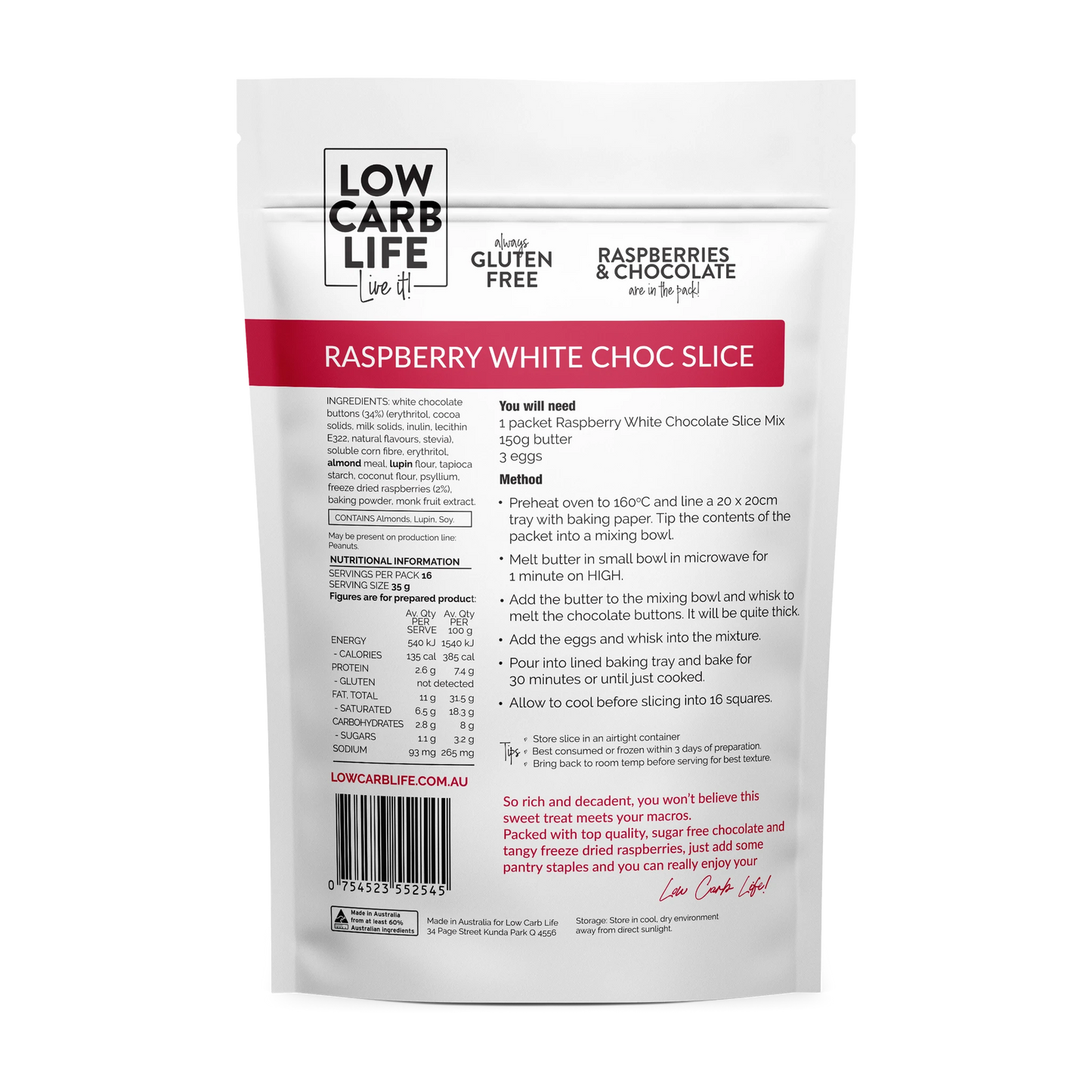 Low Carb Life Keto Bake Mix 300g, Raspberry White Chocolate Slice