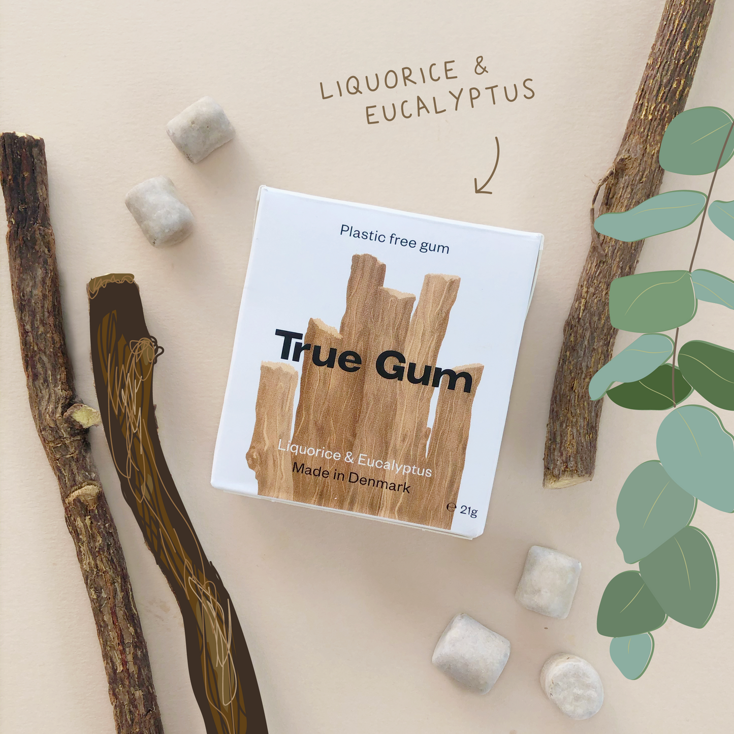 True Gum Plastic & Sugar Free Gum Single Pack (21g) Or A Box Of 24, Liquorice & Eucalyptus Flavour Plastic Free Packaging