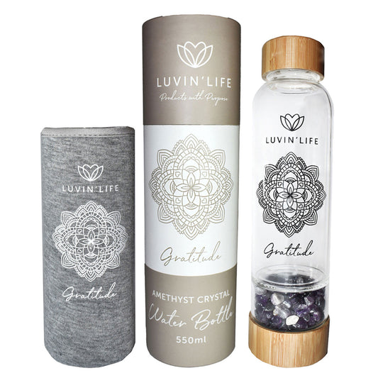 Luvin' Life Water Bottle 550ml, Amethyst Crystals & Bamboo 'Gratitude' {Includes A Grey Sleeve}
