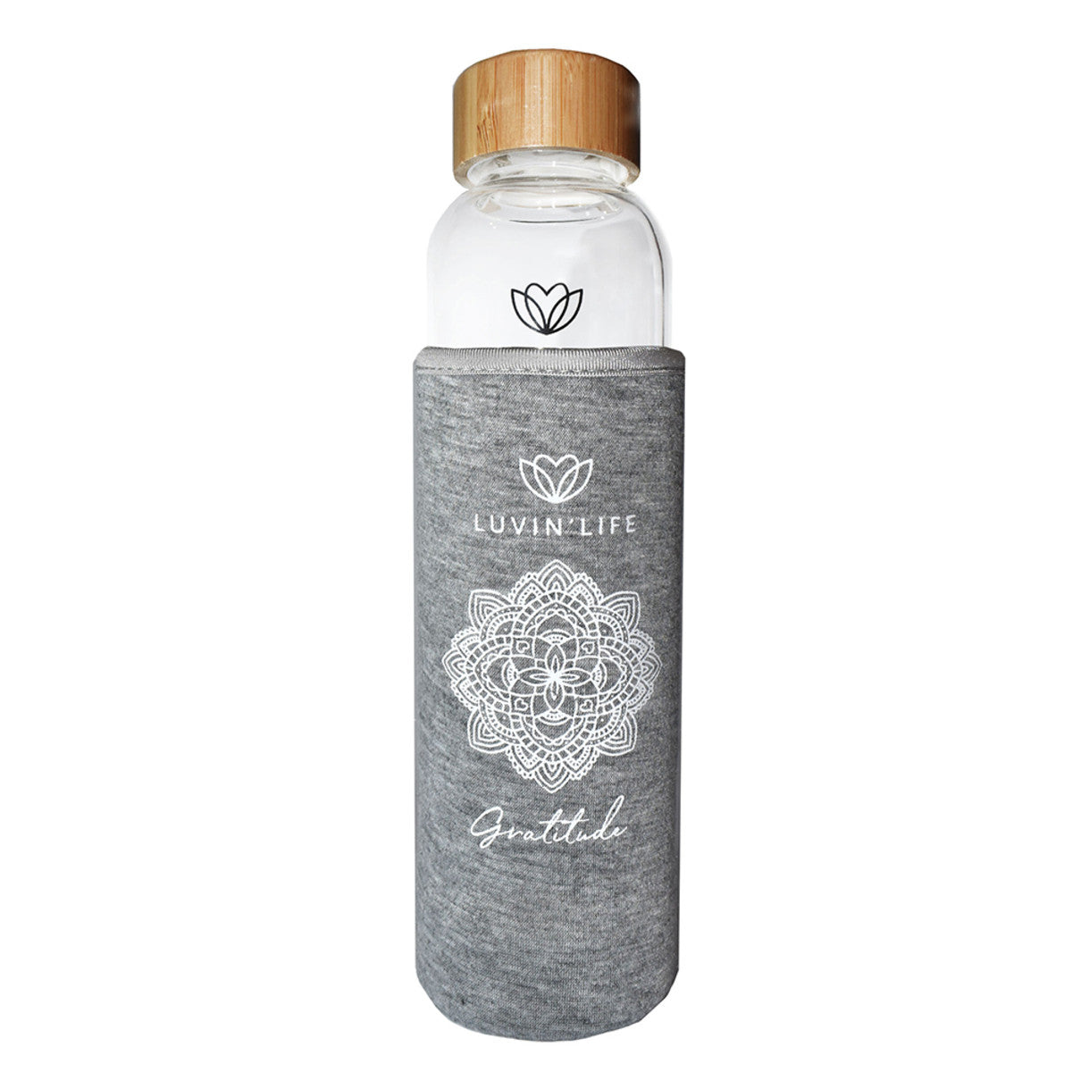 Luvin' Life Water Bottle 550ml, Amethyst Crystals & Bamboo 'Gratitude' (Includes Sleeve)