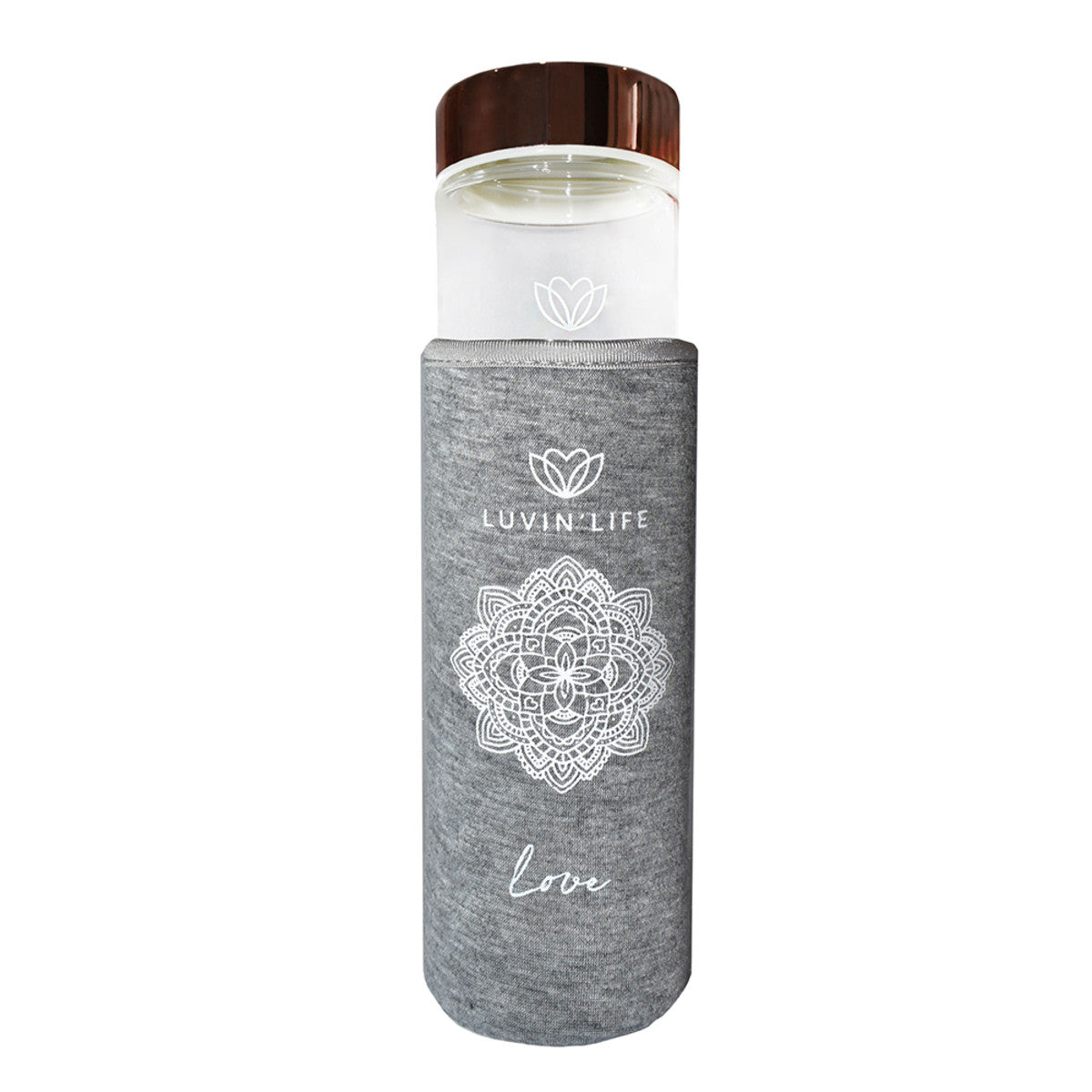 Luvin' Life Water Bottle 550ml, Rose Quartz Crystals & Rose Gold 'Love' (Includes Sleeve)