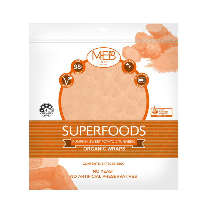 MEB Foods Superfoods Pumpkin, Sweet Potato & Turmeric Wraps (6 Wraps), Australian Certified Organic