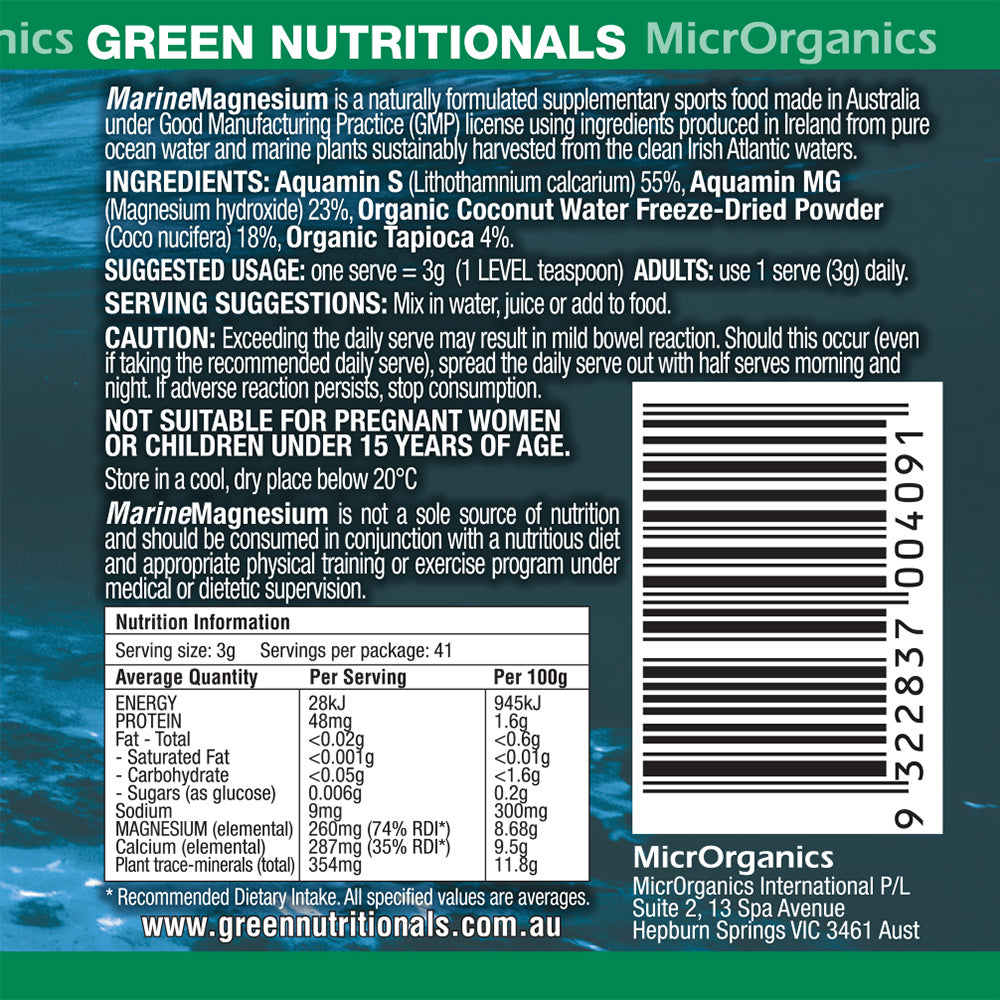 Green Nutritionals Marine Magnesium Powder (260mg) 100g, Clean & Mineral Rich