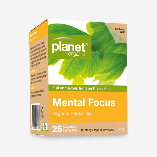 Planet Organic Herbal Tea 25 Tea Bags, Mental Focus Blend; Invigorate Your Mind