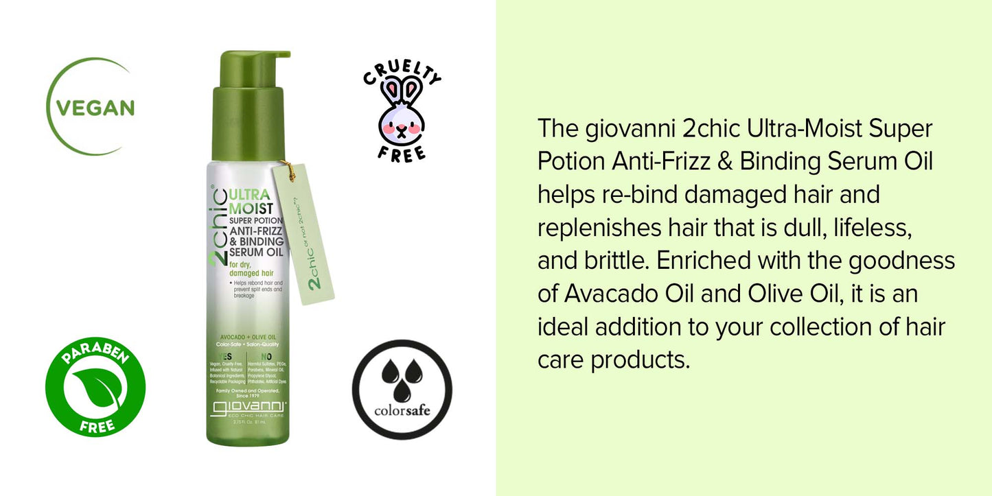 Giovanni 2Chic Ultra Moist Anti-Frizz Serum Oil 81mL, For Dry & Damaged Hair