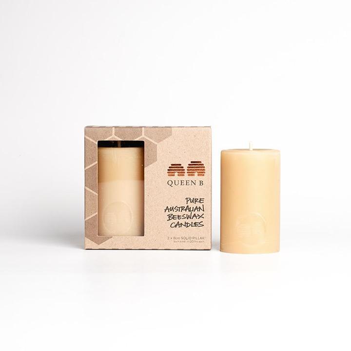 Queen B Pure Australian Beeswax Solid Pillar Candles (2), 16 Hours Burn Time