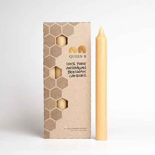 Queen B Pure Australian Beeswax Dinner Tapers 20cm Candles (4), 12 Hours Burn Time