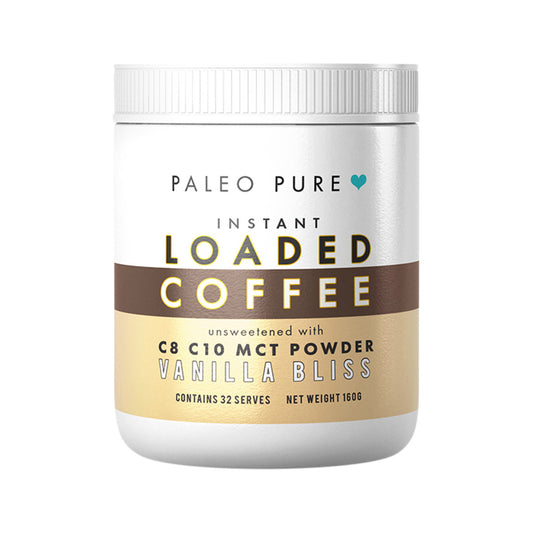 Paleo Pure Instant Loaded Coffee Unsweetened with C8 C10 MCT Powder 160g, Vanilla Bliss Flavour (Vegan)