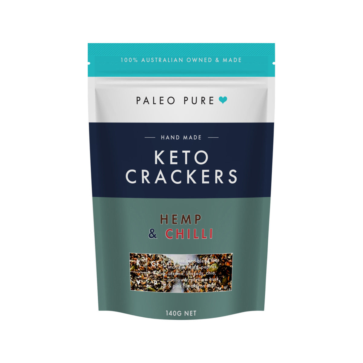 Paleo Pure Keto Crackers 140gm, Hemp & Chilli Flavour