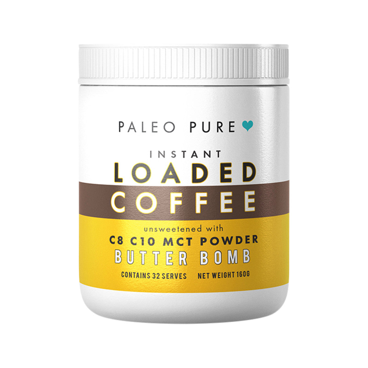 Paleo Pure Instant Loaded Coffee Unsweetened with C8 C10 MCT Powder 160g, Butter Bomb Flavour