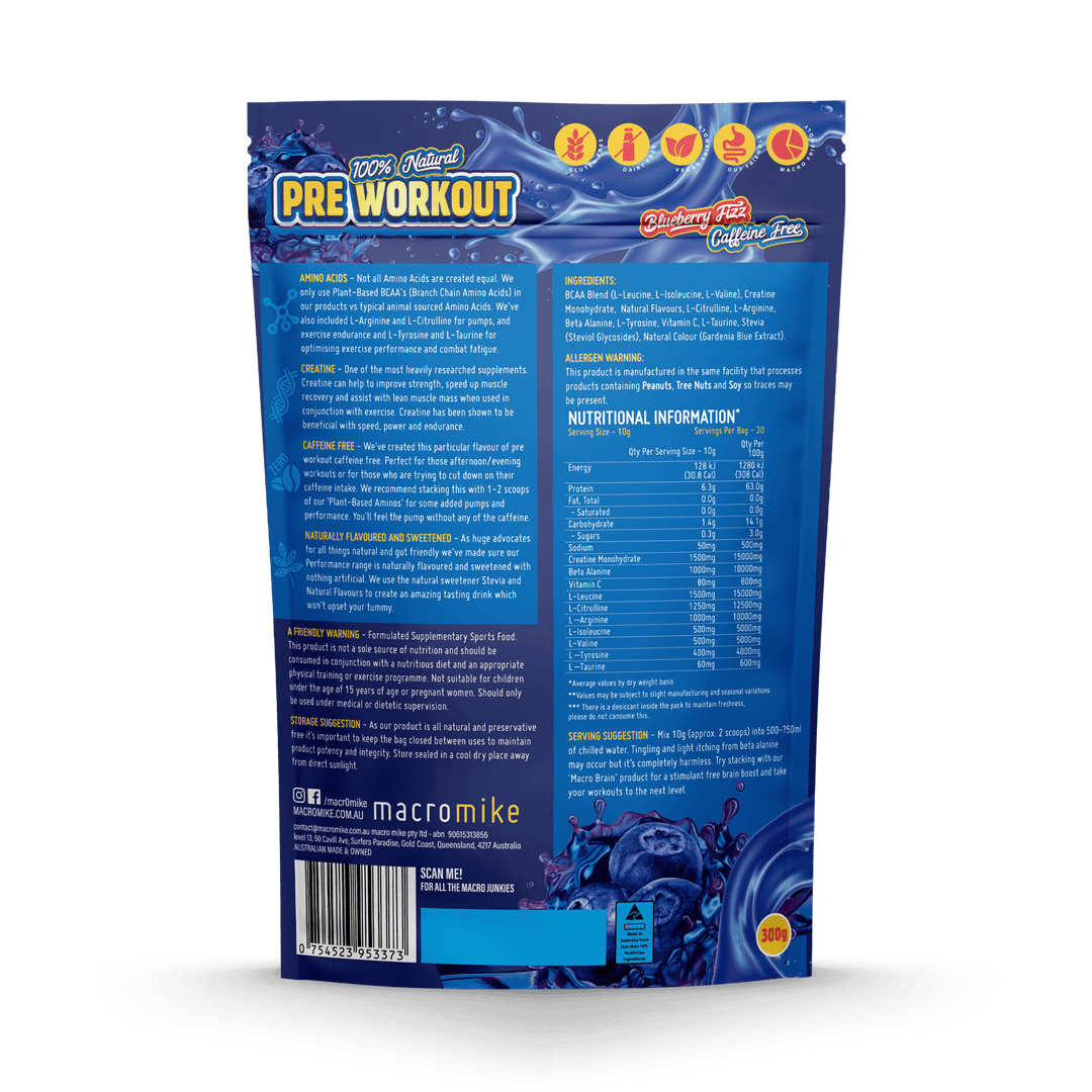 Macro Mike 100% Natural Performance Caffeine Free Pre-Workout 300g, Blueberry Fizz Flavour
