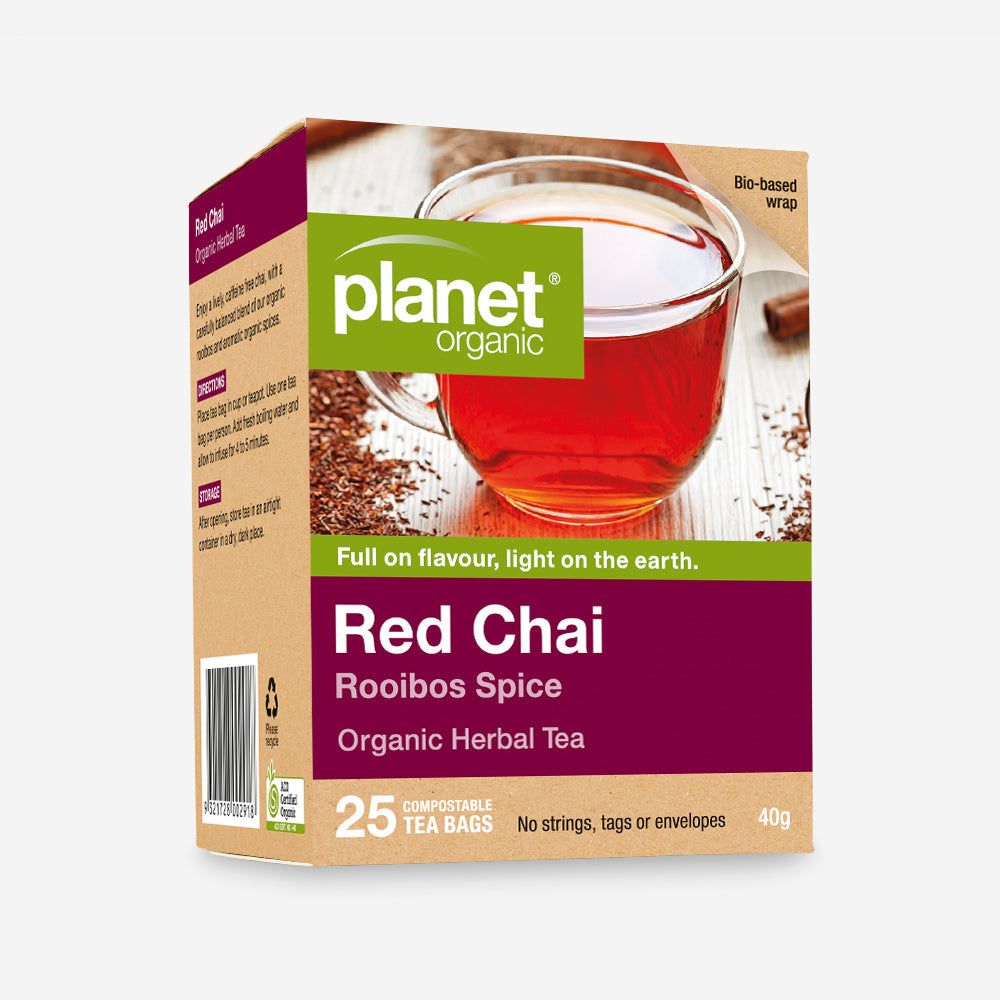 Planet Organic Herbal Tea 25 Tea Bags, Red Chai Blend; With Rooibos Spice To Liven Your Day