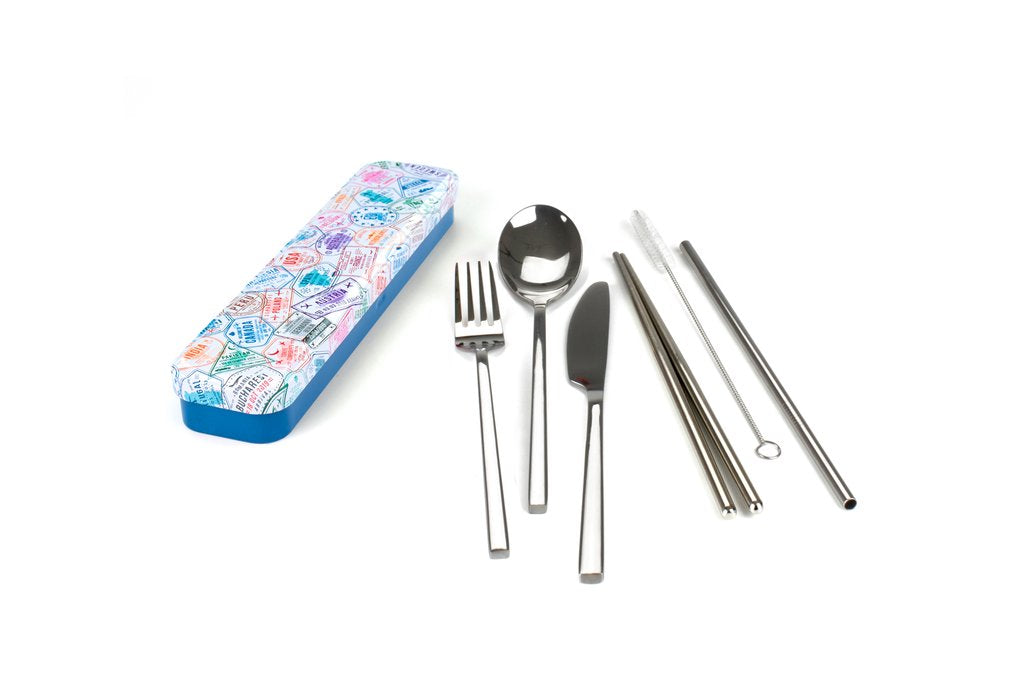 Retro Kitchen Carry Your Cutlery; Stainless Steel Cutlery Set, Passport Stamps Pattern