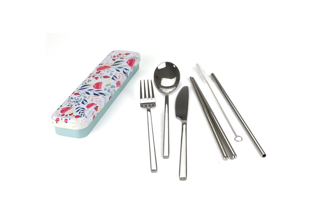 Retro Kitchen Carry Your Cutlery; Stainless Steel Cutlery Set, Botanical Pattern