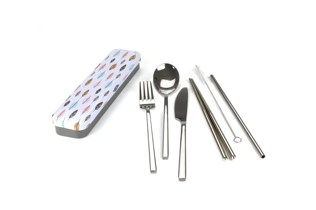 Retro Kitchen Carry Your Cutlery; Stainless Steel Cutlery Set, Leaves Pattern