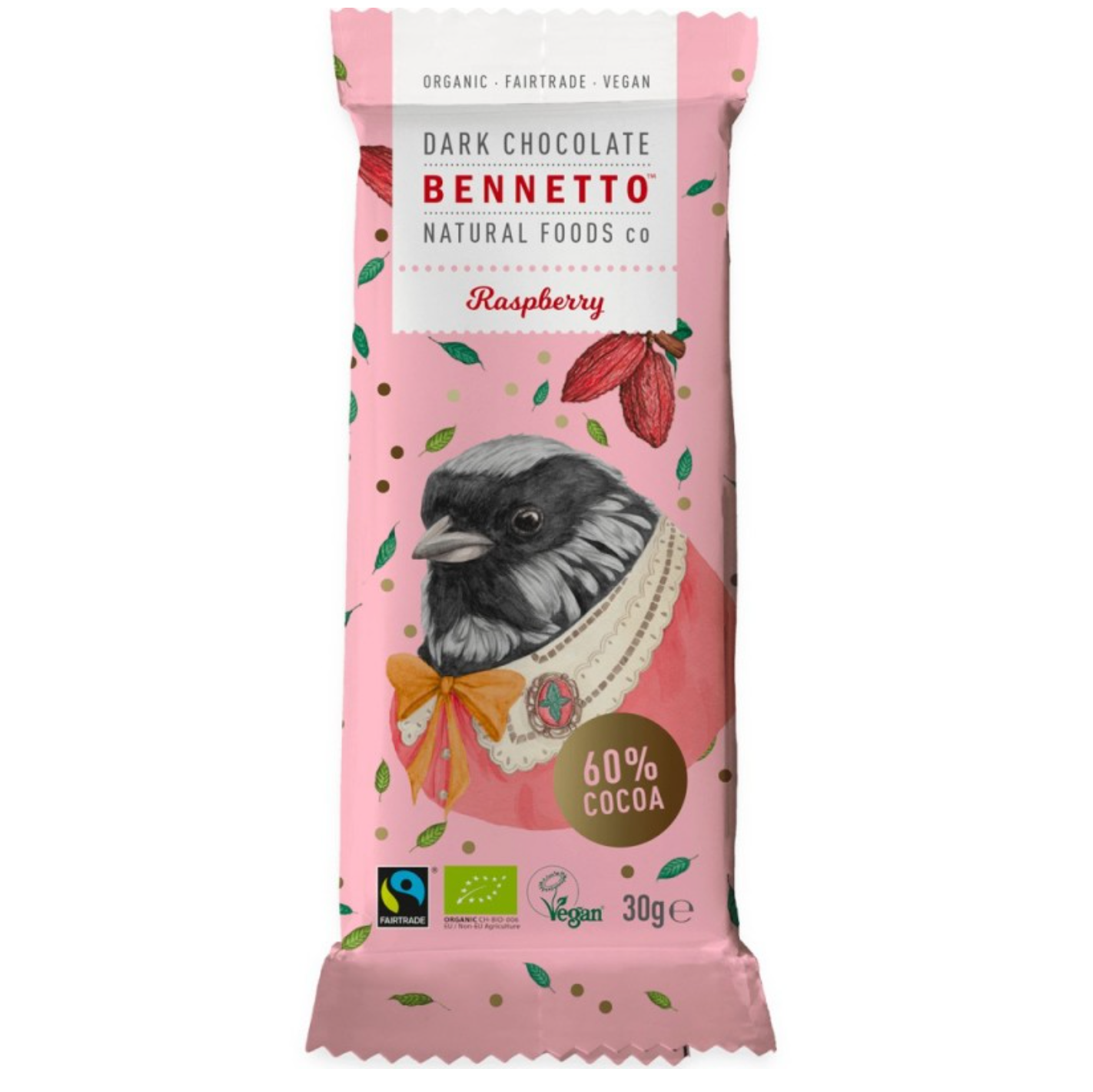 Bennetto Organic Dark Chocolate 30g, Raspberry Flavour