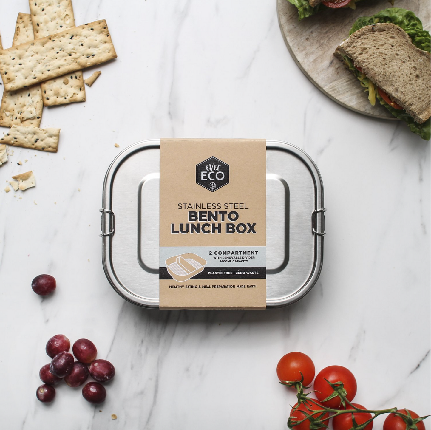 Ever Eco Stainless Steel Bento Lunch Box 1400ml, Two Compartments With A Removable Divider