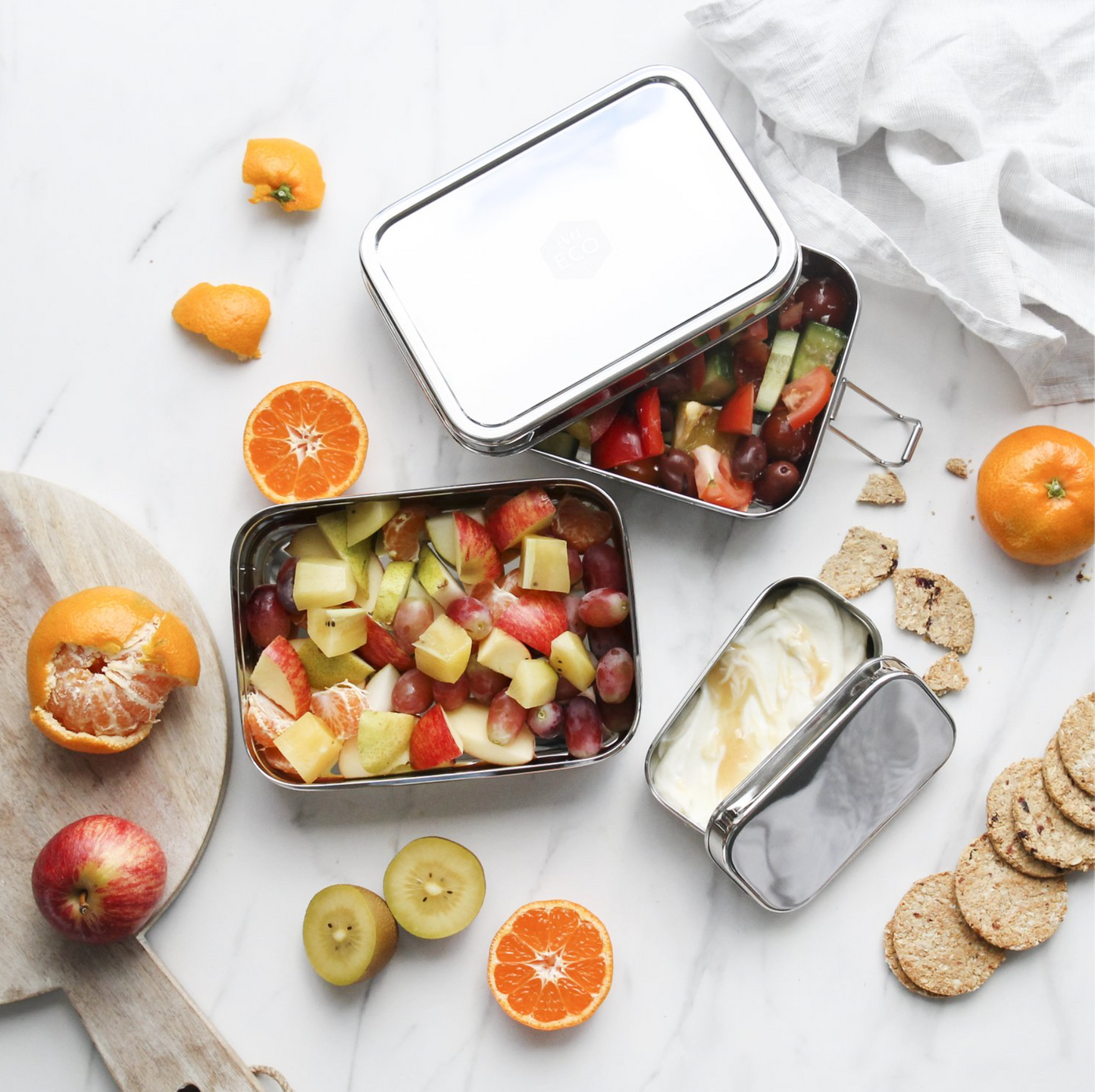 Ever Eco Stainless Steel XL Stackable Bento Box 1900ml, Two Tier + Mini Snack Container