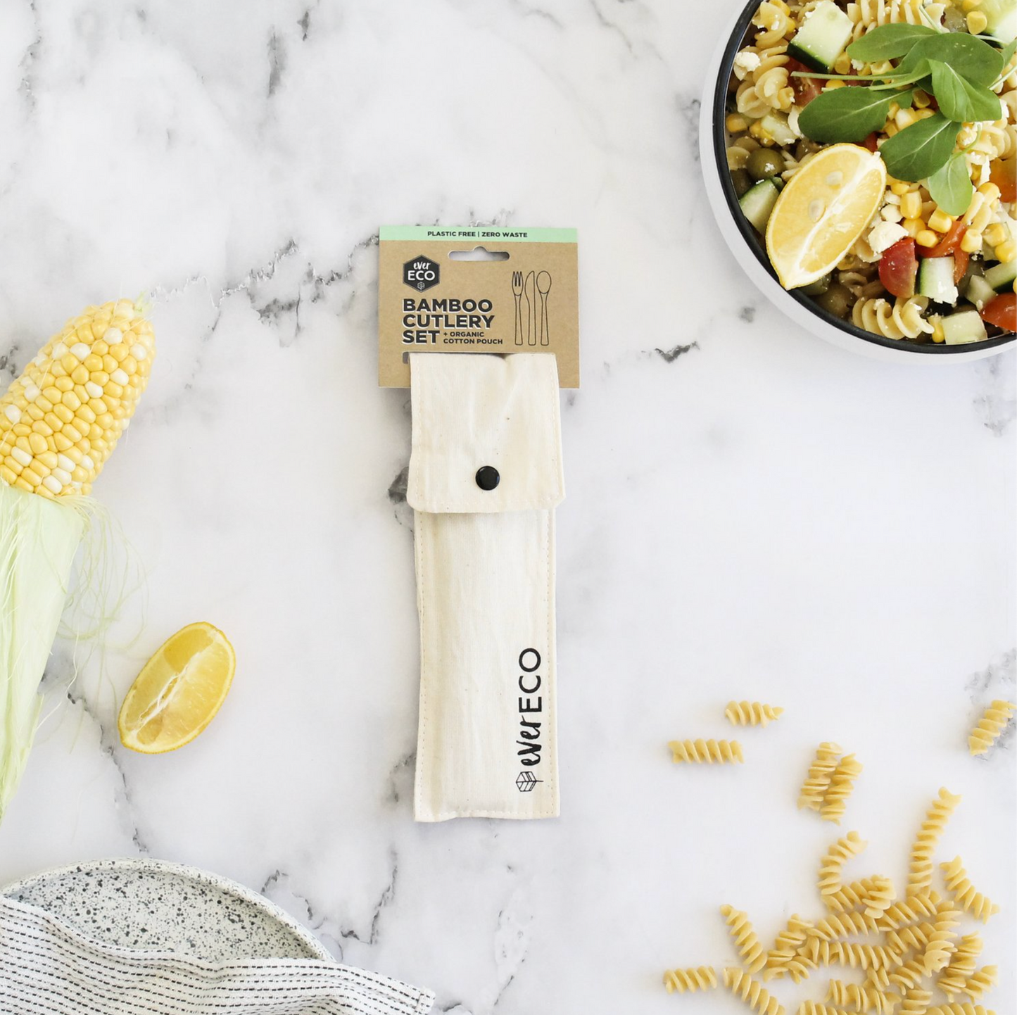Ever Eco Bamboo Cutlery Set With Cotton Pouch, Sustainable & Convenient