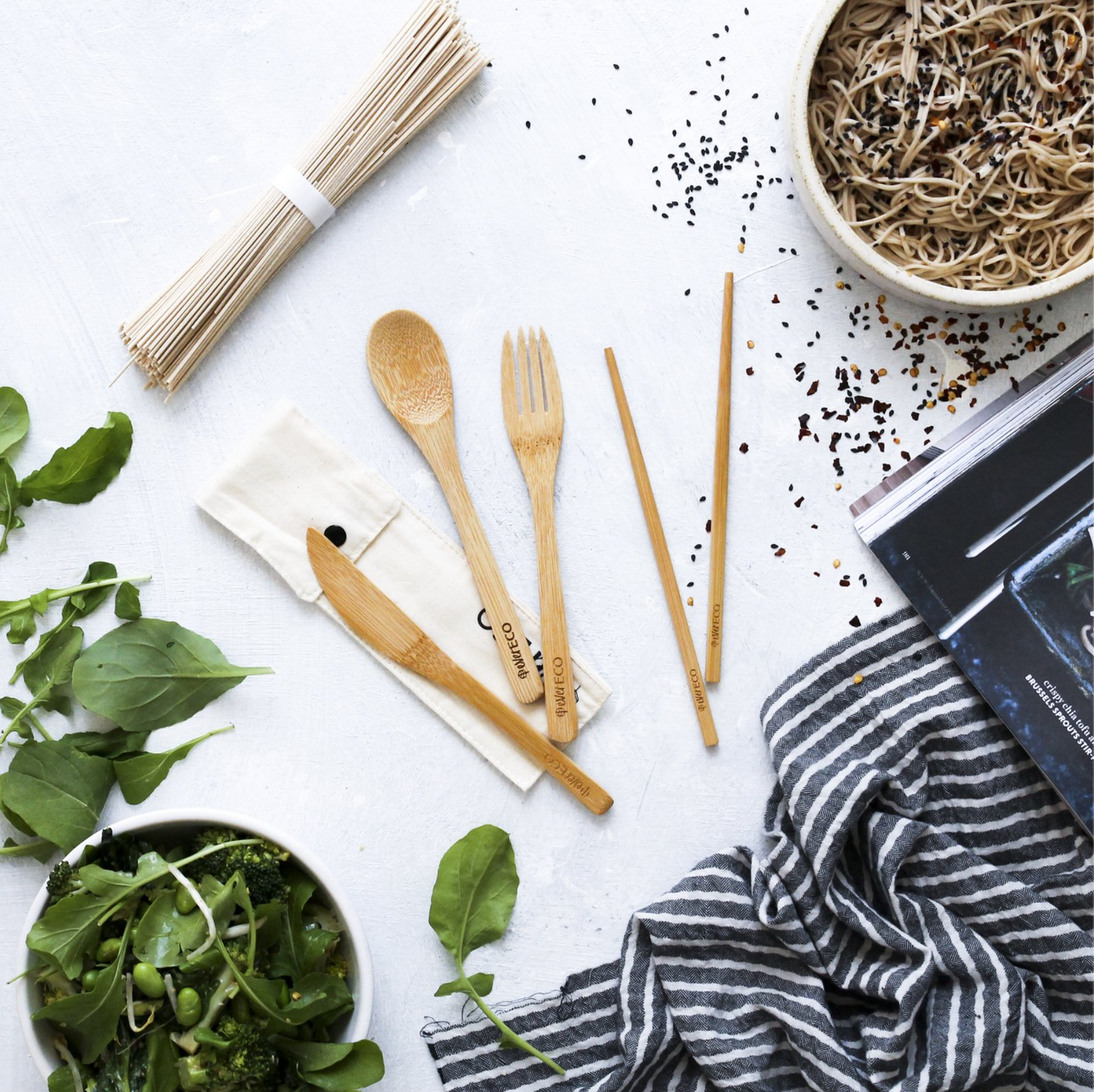 Ever Eco Bamboo Cutlery, Set With Chopsticks & Cotton Pouch