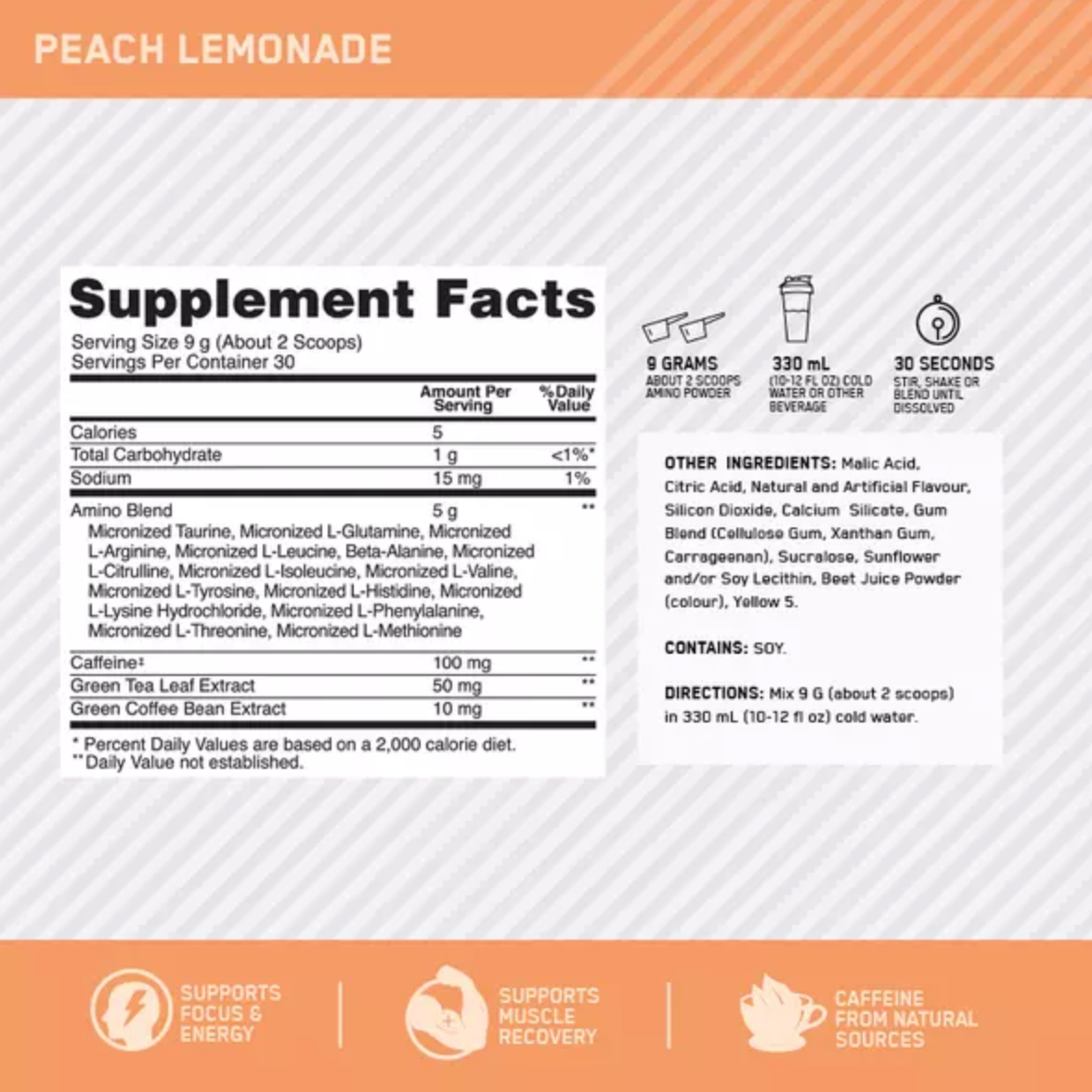Optimum Nutrition Amin.O. Energy 30 Or 65 Servings, Peach Lemonade Flavour