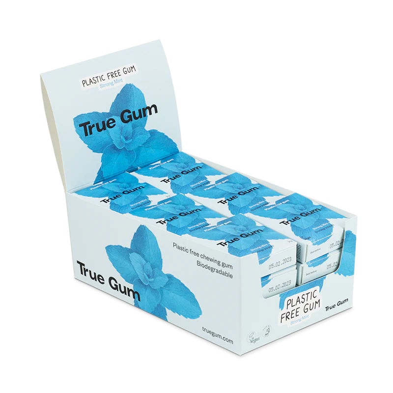True Gum Plastic & Sugar Free Gum Single Pack (21g) Or A Box Of 24, Strong Mint Flavour Plastic Free Packaging