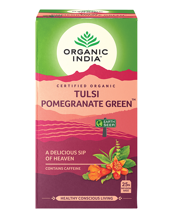 Organic India Wellness Tea Tulsi Pomegranate Green, 25 Herbal Tea Bags; Certified Organic