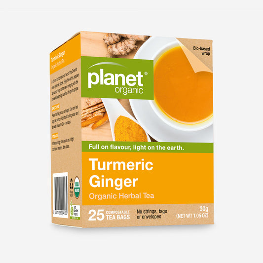 Planet Organic Herbal Tea 25 Tea Bags, Turmeric Ginger; Dynamic & Powerfully Warming