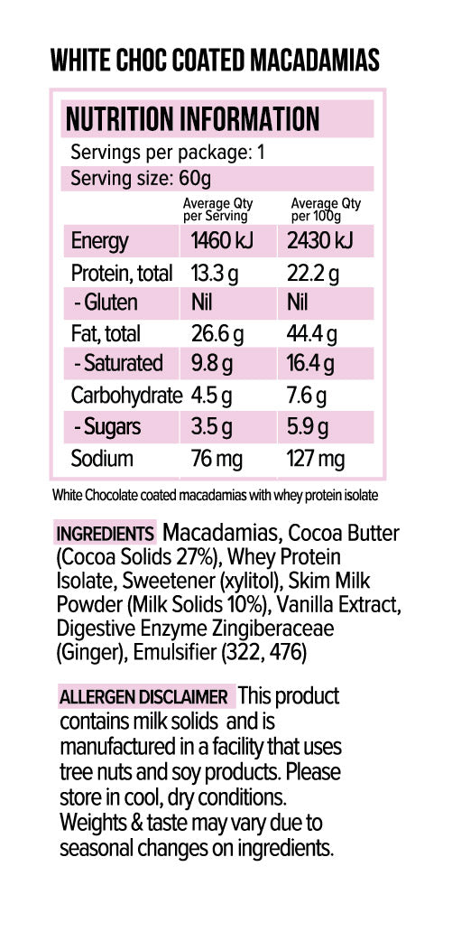 Vitawerx Protein White Chocolate Coated Macadamias 60g or Box of 10
