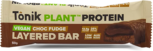 Tonik Plant Protein Layered Bar 60g Single Bar Or a Box Of 12 Bars, 12.5g Protein Per Bar Choc Fudge Flavour