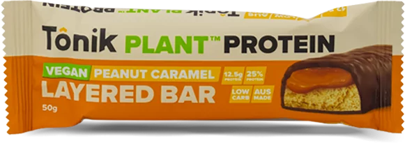 Tonik Plant Protein Layered Bar 60g Single Bar Or a Box Of 12 Bars, 12.5g Protein Per Bar Peanut Caramel Flavour