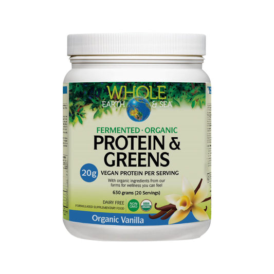 Whole Earth & Sea Protein & Greens 630g, Vanilla Flavour Certified Organic & Fermented Protein