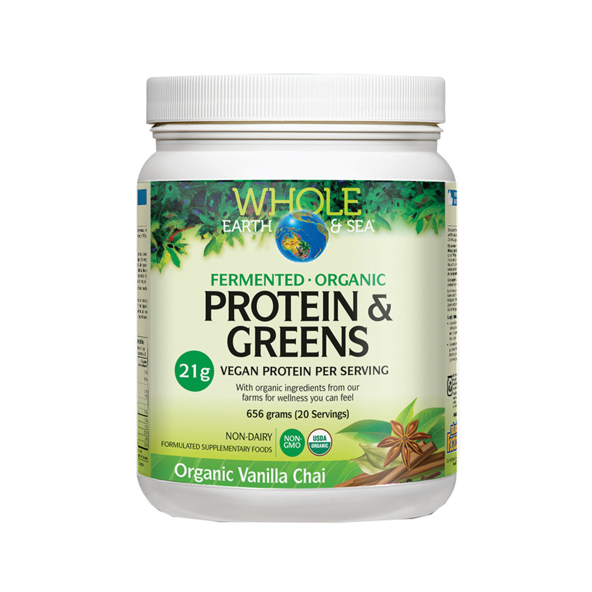 Whole Earth & Sea Protein & Greens 656g, Vanilla Chai Flavour Certified Organic & Fermented Protein