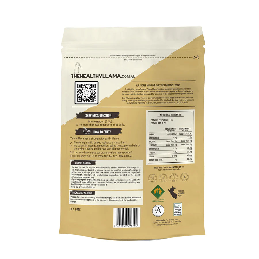 The Healthy Llama Yellow Maca Powder 500g, Our Ancient Stress Reliver & Certified Organic
