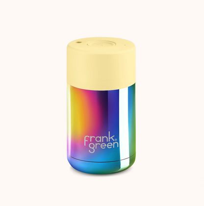 Frank Green Ceramic Reusable Cup Chrome Collection 10oz, Metallic Rainbow (Push Lid)