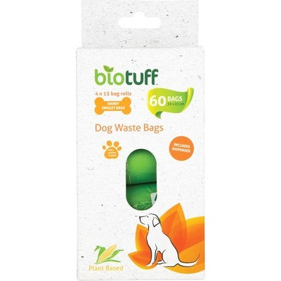 BioTuff Compostable Dog Waste Bags & One Dispenser (4 X 15 Bag Rolls)