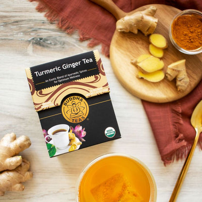 Buddha Teas Herbal Tea 18 Tea Bags, Turmeric Ginger Tea; An Exotic Blend Of Ayurvedic Spices For Optimum Wellness