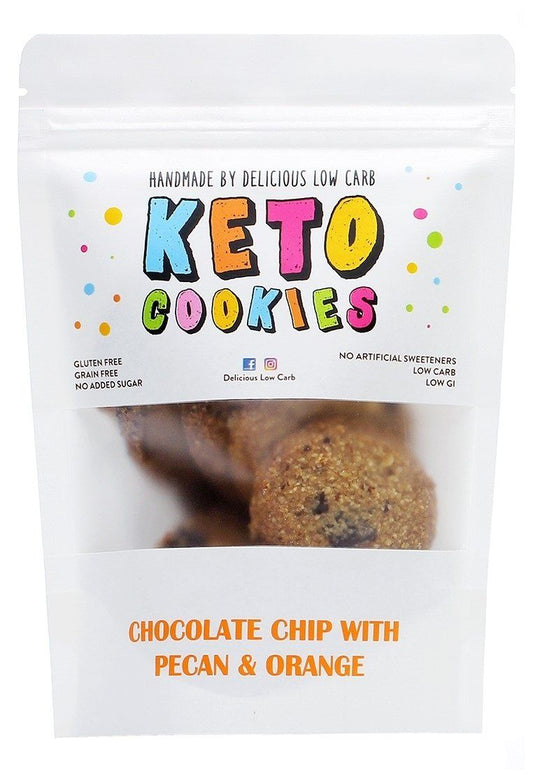 Delicious Low Carb Keto Cookies 100g, Choc Chip With Pecan & Orange Flavour