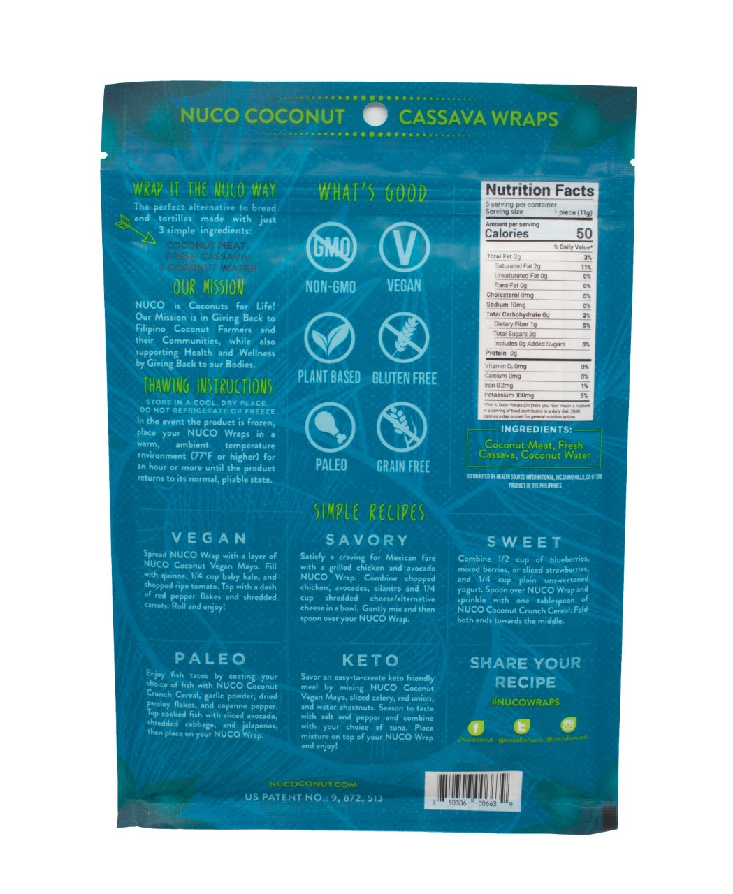 Nuco Coconut Cassava Wraps 5 Pack, Vegan, Paleo & Gluten Free