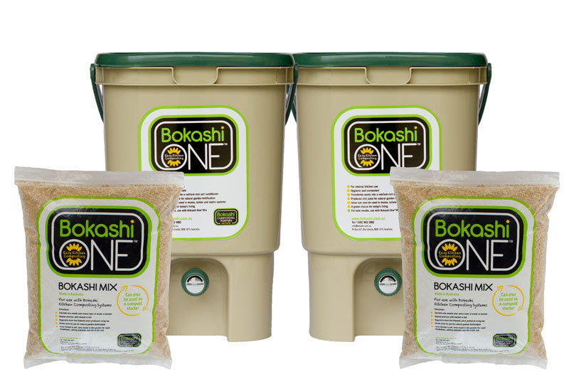 Bokashi Composting Starter Kit 2 Tan Buckets & 2 One MIxes