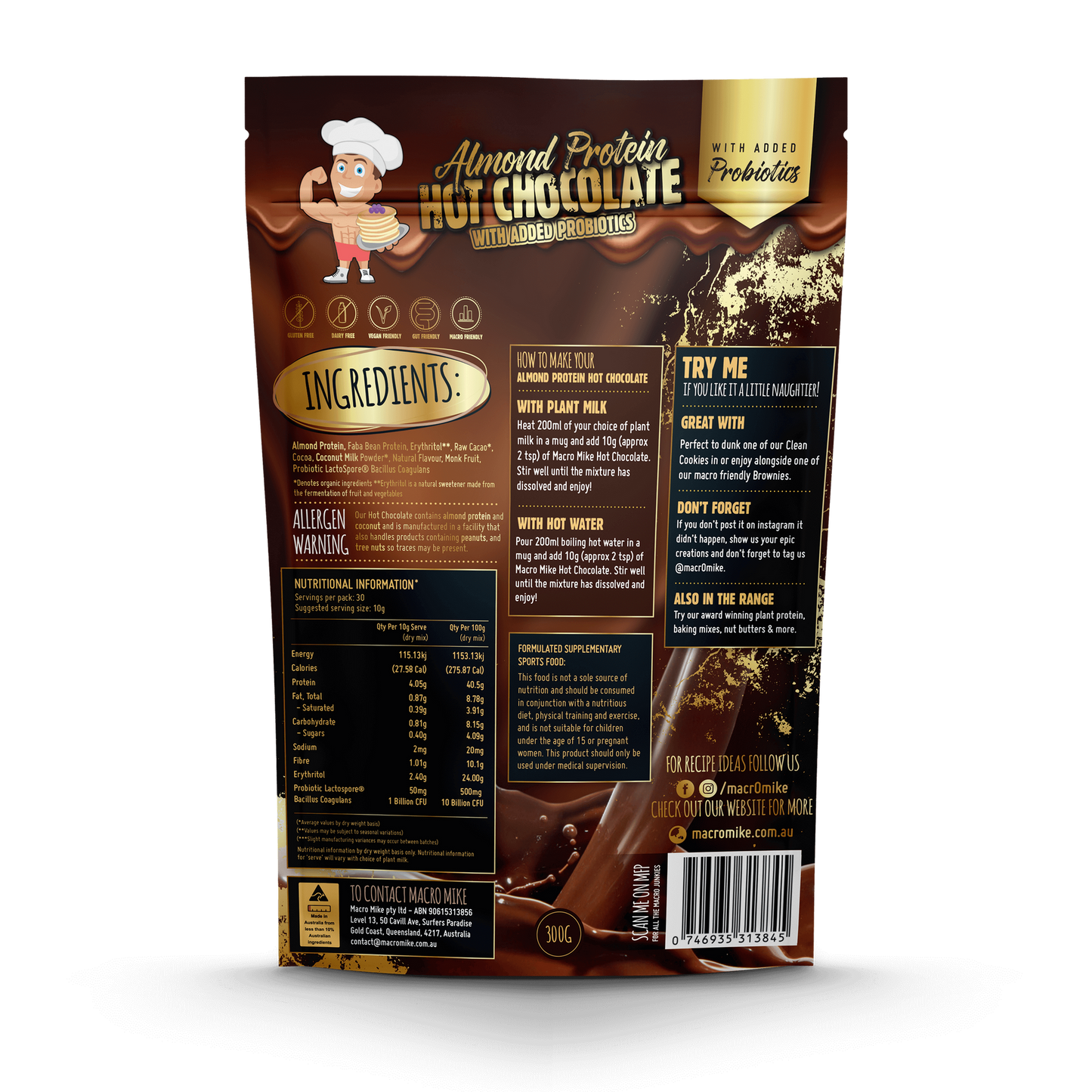 Macro Mike Almond Protein Probiotic Hot Chocolate 300g, Chocolate Flavour