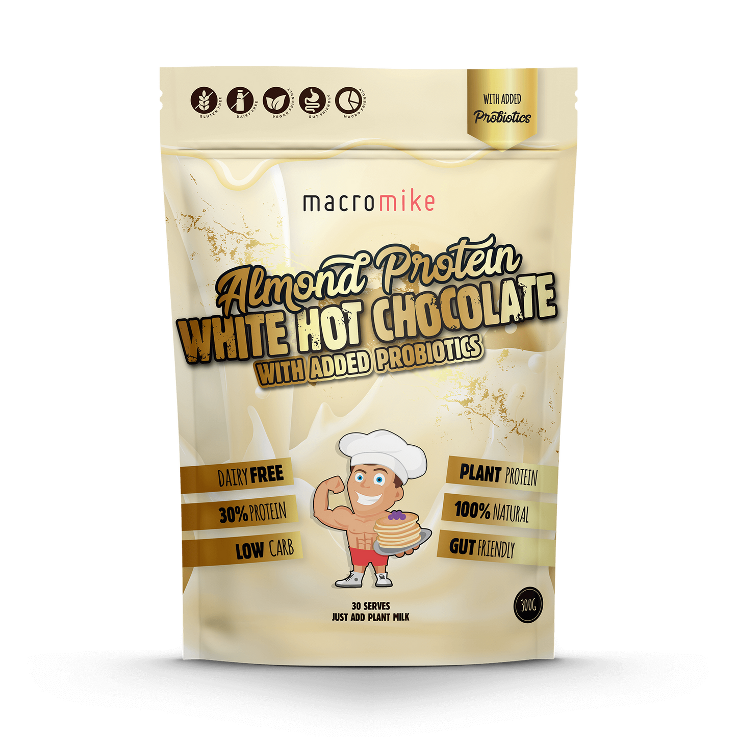 Macro Mike Almond Protein Probiotic Hot Chocolate 300g, White Chocolate Flavour