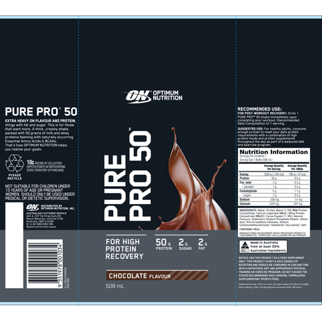 Optimum Nutrition Pure Pro 50 Ready To Drink 508ml, Chocolate Flavour