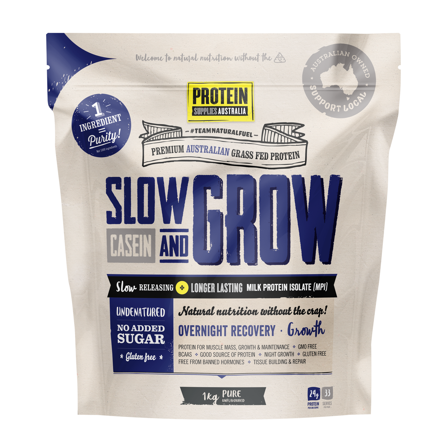 Protein Supplies Australia Slow & Grow Casein (Slow Release) 1kg, Pure Flavour
